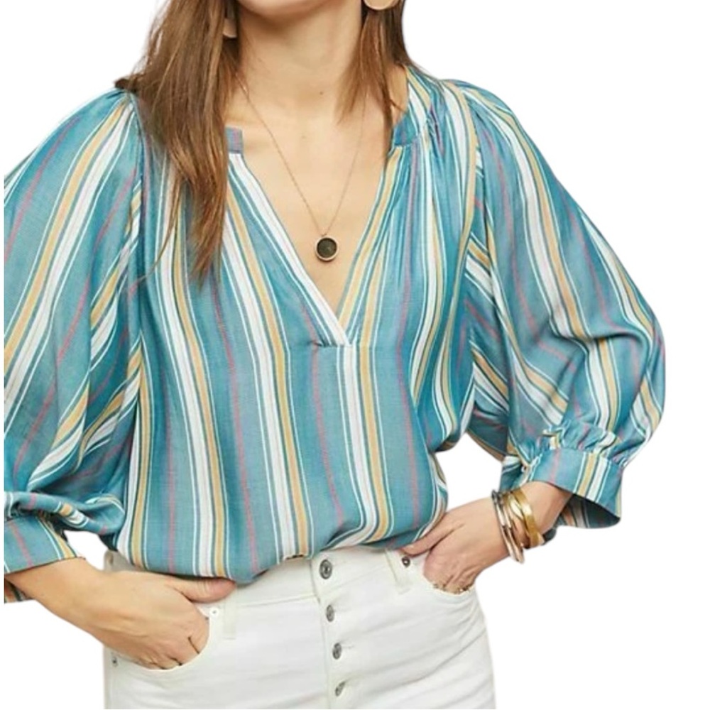 Anthropologie Maeve Byron Striped Blouse Size Medium Split Neck Peasant Multi